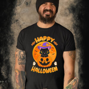 Halloween black cat witch hat pumpkin T-shirt