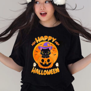 Halloween black cat witch hat pumpkin shirt
