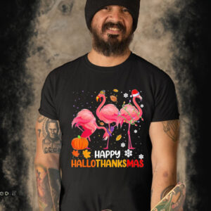 Happy hallothanksmas flamingo halloween thanksgiving shirt