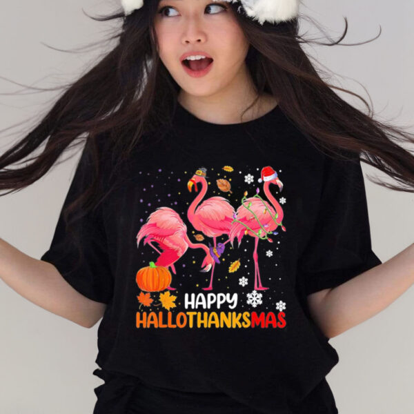 Happy hallothanksmas flamingo halloween thanksgiving t-shirt