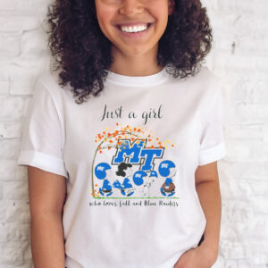 Just A Girl Who Loves Fall and Middle Tennessee Blue Raiders Peanuts Cartoon Halloween Tee shirt