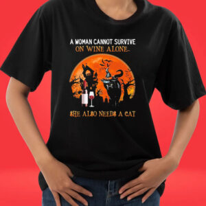 Official A Woman Cannot Survive On Wine Alone She Also Needs A Cat Champagne Halloween shirt