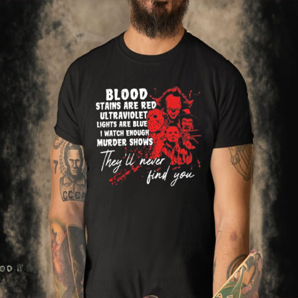 Official Blood Stains Are Red Ultraviolet Lights Are Blue I Watch Enough Murder Shows They’ll Never Find You Horror Characters Halloween T-shirt