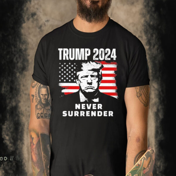 Official Donald Trump Mugshot 2024 Never Surrender America Flag T-shirt