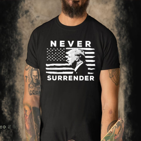 Official Donald Trump Never Surrender Mug Shot America Flag T-shirt