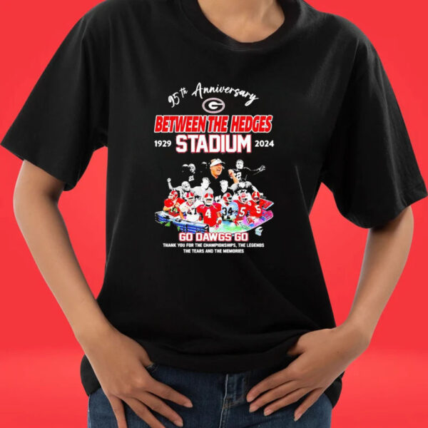 Official Georgia Bulldogs 95th anniversary between the hedges stadium 1929-2024 go dawgs go shirt