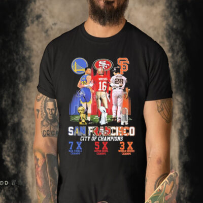 Official Golden State Warriors Stephen Curry Joe Montana San Francisco 49ers And Buster Posey San Francisco Giants City Of Champions Signature T-shirt