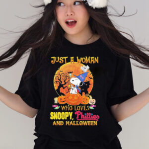 Official Just A Woman Who Loves Snoopy Phillies And Halloween Shirt