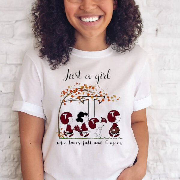 Official just A Woman Who Loves Fall And Troy Trojans Peanuts Cartoon Shirt