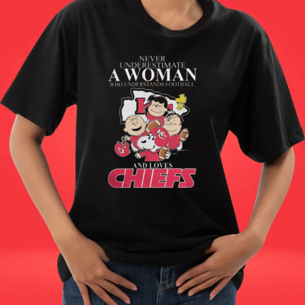 Peanuts Never Underestimate A Woman Who Understands And Loves Kc Chiefs 2023 T Shirt Hoodie Sweatshirt