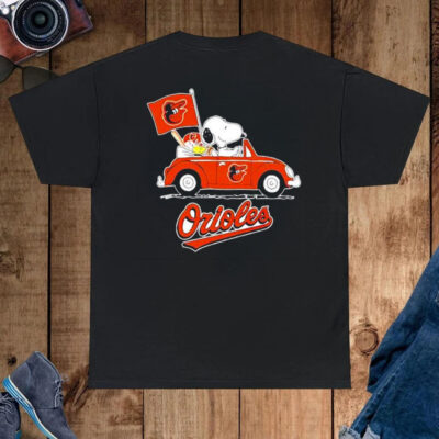 Snoopy Drives Car With Baltimore Orioles Flag Shirt