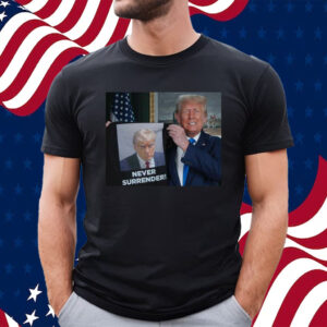 Trump Shows Off Trump Mugshot Never Surrender T-Shirt