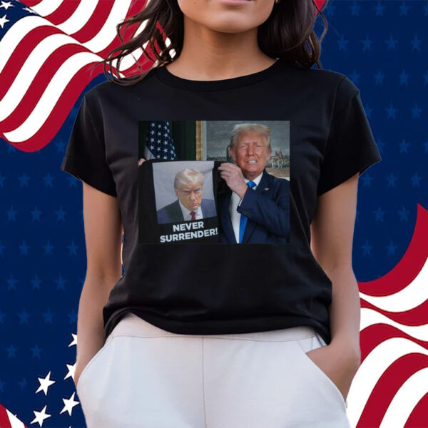 Trump Shows Off Trump Mugshot Never Surrender T-Shirts