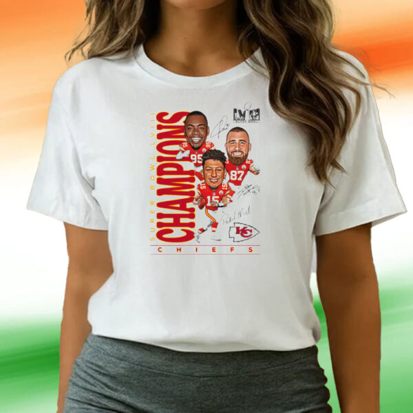 Chris Jones Travis Kelce Patrick Mahomes Kansas City Chiefs Super Bowl Lviii Champions Caricature Tee Shirts