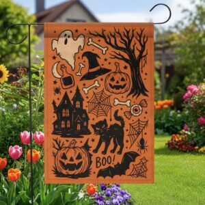 Vintage Halloween Garden Flag – Orange Black Cat Witch Yard Decor