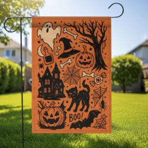 Vintage Halloween Garden Flag – Orange Black Cat Witch Yard Decor