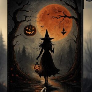 Witch Halloween Garden Flag with Pumpkin Lantern and Blood Moon
