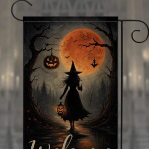 Witch Halloween Garden Flag with Pumpkin Lantern and Blood Moon