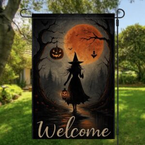 Witch Halloween Garden Flag with Pumpkin Lantern and Blood Moon
